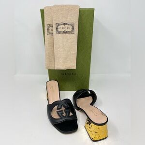 Gucci Interlocking GG Logo Cut Out Slides Sandals Heels Black Leather Gold 36 6